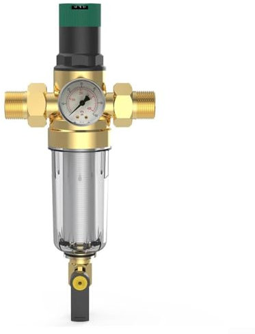 Regolatore di pressione dell'acqua domestica con filtro di controlavaggio e manometro regolabile (DN25)