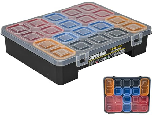 Sortimentskasten 273x231x62 mm Kleinteile Organizer CUBE-200 | Kleinteilemagazin mit variabler Facheinteilung – Stapelbare Sortierbox durchsichtigem Deckel – Für Schrauben, Dübel, Nagel