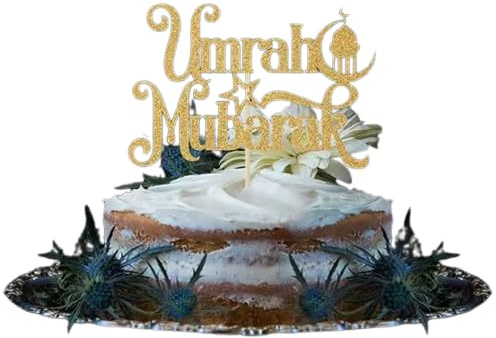 Umrah Mubarak Cupcake Topper – Gold Glitter Islamic Cake Decoration for Umrah Celebration, Eid, Ramadan, or Hajj Party – Elegant Arabic Script with Mosque & Crescent Design