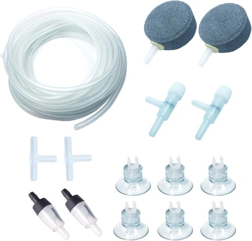 Mipukbay 16 FT Aquarium Airline Tubing Kit - Includes 2 Check Valves, 2 Air Stones, 6 Suction Cups, 2 Adjusting Valves & 2 Splitters, Aquarium Air Pump Accessories for Fish Tank Oxygen Systems