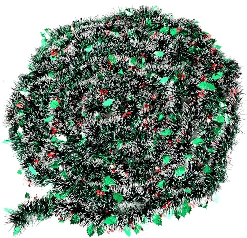 DONGZHI 10m Green Christmas Tinsel Garland with Star for Christmas Tree Decorations (Green)