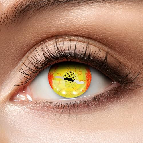 Zoelibat farbige Kontaktlinsen gelb ohne Stärke, Fireball, 1 Paar Linsen für 12 Monate, weiche Monatslinsen für Halloween, Karneval und Fasching