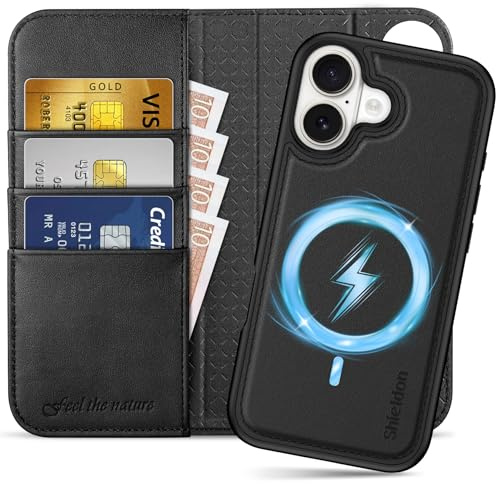 SHIELDON Abnehmbare Echtleder Hülle für iPhone 17 6,3 5G, Schwarz | 2 IN 1 Handyhülle, Kabelloses Laden, 3 Kartenfächer, Ständer, RFID Blocker, Handy-Ösen, Magnet Klapphülle