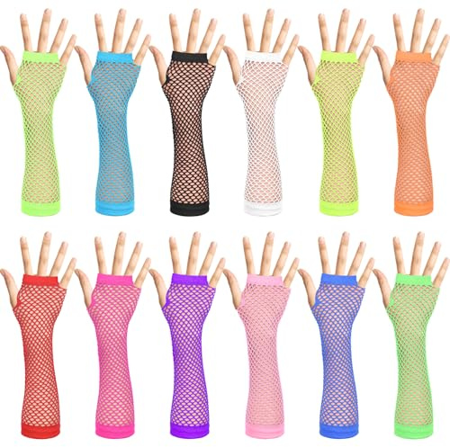 Lusofie 12 Paar Neon Netzhandschuhe Damen, Fingerlose Netzhandschuhe Lang Stretch Mesh-Handschuhe für Weihnachten Party 80er Jahre Kostüm Zubehör Disco Maskerade Hochzeit