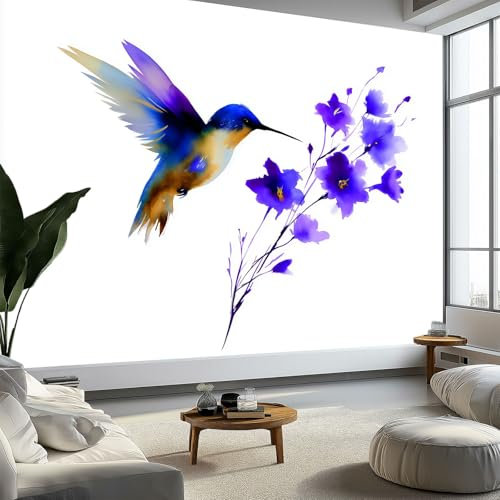 Arte da Parete Fiori Acquerellati Uccelli Murales Personalizzati Stile Minimalista Carta da Parati Fotografica per Cameretta Bambini, Camera da Letto 450 x 315 cm, Carta da Parati in Effetto 3D