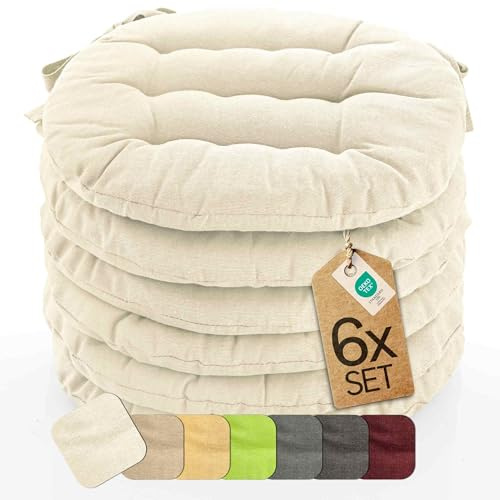 etérea 6er Set Sitzkissen Outdoor 38x38 Rund mit Bändern - Stuhlkissen Creme für Gartenstuhl & Innenbereich - waschbare Sitzauflagen Gartenmöbel - 6 Stück Kissen 38x38 cm - Creme