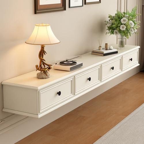 TV Lowboard Wandmontiert, Weißer Hängender TV Schrank, Platzsparendes TV Board für Wohnzimmer, Modernes Fernsehmöbel für Aufbewahrung und Dekoration, Massivholz, Stilvolles Design (Weiß-B, 220cm)