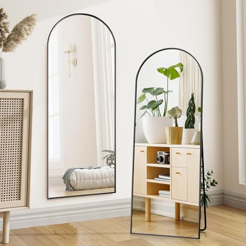 HULUWA Miroir pleine longueur arqué, 162 x 53 cm, cadre en alliage d'aluminium, verre trempé, inclinable, pour chambre à coucher, salon, garde-robe, noir