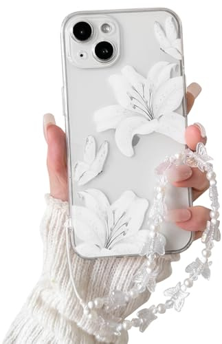 NITITOP for iPhone 13 Case Clear Cute Flower Lily Chain,White | for Women Girls, Floral Butterfly Design, with Wrist Strap, Soft TPU Shockproof Cover, Full Camera Protection