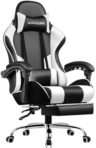 GTPLAYER Gamingstol, kontorsstol, massage, gamingfåtölj, ergonomisk gamingstol med fotstöd, nackstöd, massage ländryggskudde, vadderad spelstol, snurrstol, vit