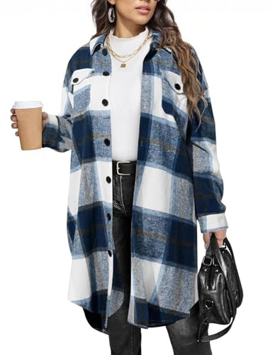 Chemise à carreaux en flanelle à manches longues pour femme - Grande taille - Cardigan ample décontracté boutonné - Veste à carreaux ouverte sur le devant - Léger et confortable - Automne et hiver