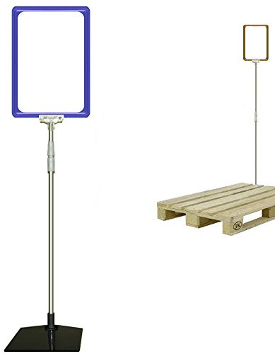 4 Plakatständer DIN A4 Rahmen blau, Teleskopständer höhenverstellbar bis 1510 mm mit Teleskoprohr ALU Kunststoff, Fuß eckig 160x192 mm Stahl schwarz, Kundenstopper, Aufsteller für Paletten Ware