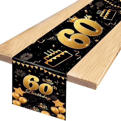 60.Geburtstag Tischdecke 180x35 cm Tischdeko Schwarz Goldene | Tischläufer 60 Geburtstag für Geburtstagsfeier, Jubiläum Wiederverwendbar & Waschbar, für Partys & Foto Hintergrund