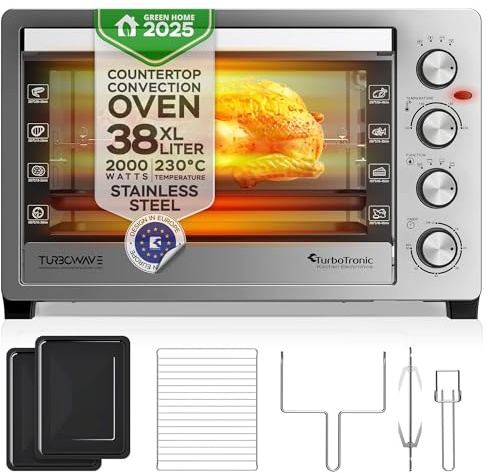 TurboTronic Elektrobacköfen mit Umluft, Grill & Drehspieß | 30 L, 38 L & 45 L Edelstahl-Tischbacköfen mit Timer & Doppelglastür für Pizza, Braten, Aufläufe (38L)