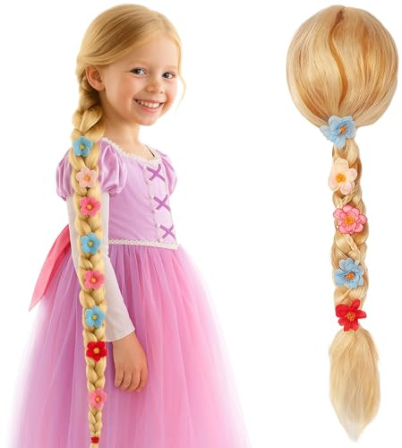 GWAWG Girls Princess Perücke, Rapunzel Plaits Blonde Rapunzel blond, Blumendekoration, Krawatte, Halloween-Kostüm für Mädchen Halloween