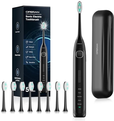 Operan Electric Toothbrush Rechargeable with 8 Brush Heads and Sonic Toothbrush with 5 Modes 2-Min Smart Timer & IPX7 Waterproof Electric Toothbrush for Adults, Travel Case (Black, 1Pack)