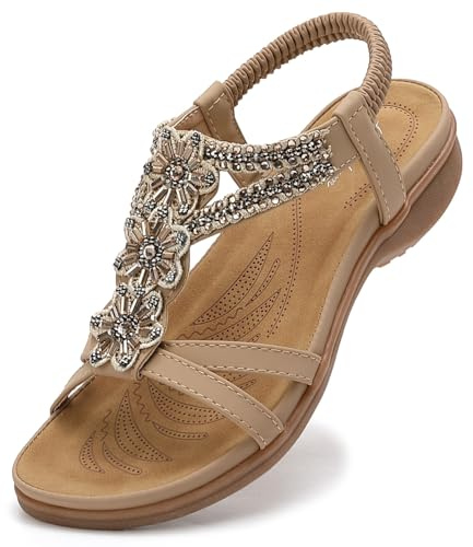 Littleplum Women's Flat Sandals Casual Summer Bohemia Rhinestones Sandals, Apricot, 6.5 UK