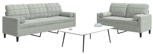 QUAHEAS 2-TLG. Sofagarnitur Hellgrau Samt, Bequeme Couch mit Kissen und Nackenrollen, Robuste Wohnzimmer Möbel für Entspannung und Stil, 137/197 cm Breite