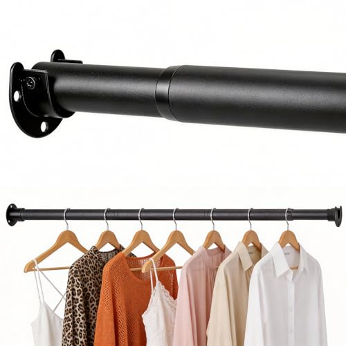 Hahorpa Extendable Clothes Rail, 77–177 cm Adjustable Wardrobe Rails and Fittings, 32mm Heavy Duty Wardrobe Pole, Metal Telescopic Hanging Rail Black, Clothes Pole for Closet Laundry Bathroom RV