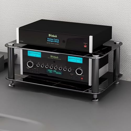 Mobile Stereo Rack HiFi, Mobile Porta Giradischi in Vetro con Ripiani, Mobile Angolare per Impianto Stereo, Centro di Intrattenimento con Ripiani(Black,Second floor)