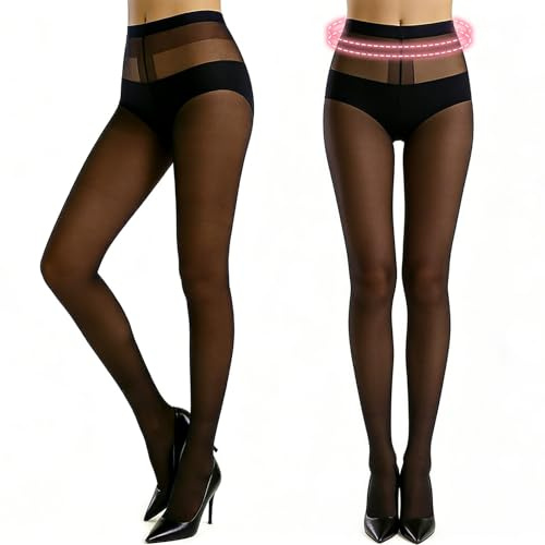 AMOturuxient 30 Denier Black Sheer Tights 2 Pairs, Women High Waist Semi-Sheer Pantyhose, Run Resistant with Reinforced Toe, Soft Comfort Waistband (UK, Alpha, S, M, Regular, Regular)