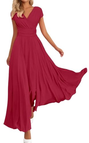 Sommerkleid Damen Lang Elegant Chiffon Kleid Hochzeitsgast Damen Curvy Sommer Maxikleid mit Ärmeln Sommerkleider Leicht Und Luftig Maxi Taillierte Kleider A Linie V Ausschnitt Chiffonkleid