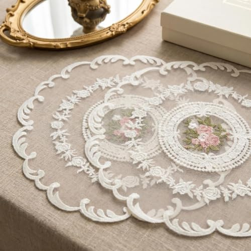 DiiWmme 2 Stück Spitze Spitzendeckchen 32 cm Rund Retro Tischdeckchen | Stickerei Platzdeckchen Französische Blumen Tischsets für Küche Esszimmer Kommode Hochzeit Party Dekoration