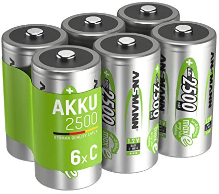 ANSMANN Akku Typ Baby C 2500 mAh NiMH 1,2 V (6 Stück) - wiederaufladbare Baby-C Batterien, maxE für äußerst geringe Selbstentladung sorgt für jahrelangen Einsatz im High-Drain-Bereich