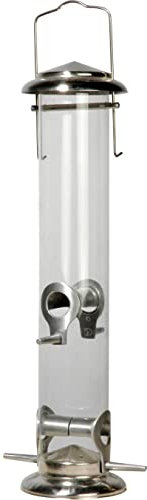 dobar® 11520 Große Vogelfuttersäule mit Acrylglasröhre - Futterstation für Wildvögel aus Stahl - Vogelfutterspender zum Hängen - Futter für Garten/Terrasse/Balkon - Ø 9,5 x 39 cm - Silber