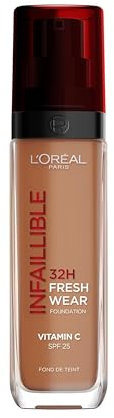 L'Oréal Paris Make-up, Wasserfest und langanhaltend, Flüssige Foundation mit LSF 25, Infaillible 32H Fresh Wear Make-up, Nr. 365 Deep Golden, 30 ml