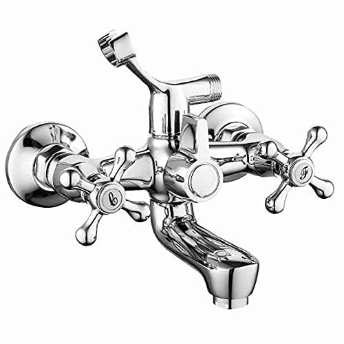 Vetrineinrete® Rubinetto per vasca a parete miscelatore due fori doppio comando acqua calda e fredda con attacco e supporto per doccetta in ottone cromato 52349A E15