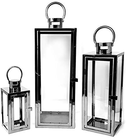 Allgala 3-PC Set Jumbo Luxury Modern Indoor/Outdoor Hurricane Candle Lantern Set-Cuboid Black-HD90413