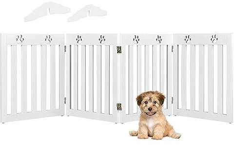 RELAX4LIFE Schutzgitter faltbar, Absperrgitter 3/4 Teile, Hundegitter Hundespur-Design, für Kinder Hunde Tiere, Sicherheitsgitter 360° drehbar, Gitter für Treppe Balkon Kamin Tür (4 Teilig, Weiß)