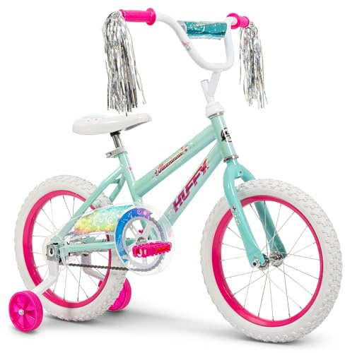 Huffy Illuminate 16” Girl’s Bike with Removable Training Wheels, High Tide Gloss Frame with Butterfly Graphics, Chain Guard, White Tires and Pink Rims