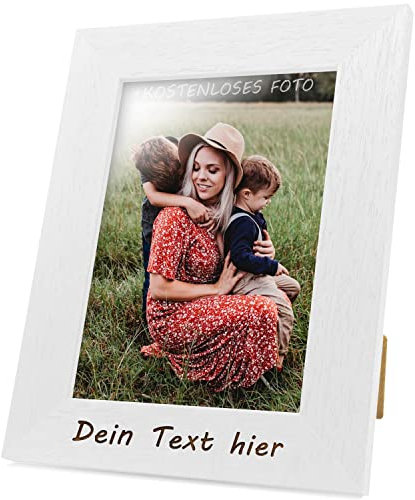 Chigabiga Bilderrahmen PERSONALISIERT mit deinem Text und Foto – Hergestellt aus Pinienholz – Wähle deine Farbe und Größe, füge deinen Text hinzu und lade dein Bild hoch. (13 x 18 cm, Weiß)