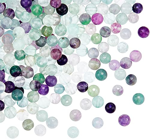 OLYCRAFT 200 Stück 4mm natürliche Fluorit-Perlen mit 0.6mm Loch | mehrfarbig, Runde Steinperle, Edelstein Perlen, Lose Perlen, Für Armbänder Halsketten Ohrringe DIY Schmuckherstellung