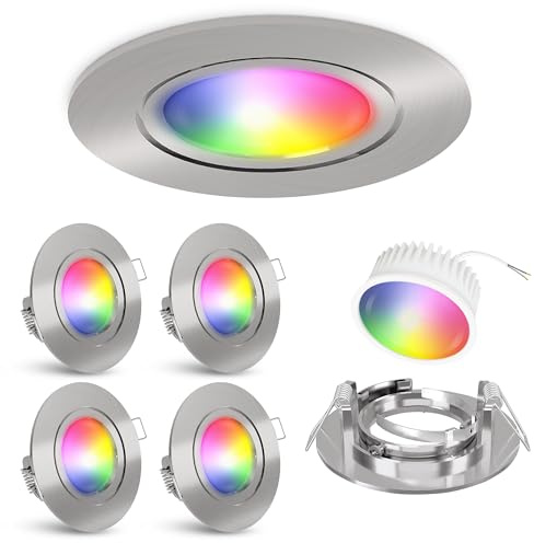 linovum Einbauspot 4er Set silber rund Smart LED WLAN RGBW App flach 25mm | Vier smarte Einbauspots Alu gebürstet - per App & Alexa steuerbar, RGB & warmweiß bis kaltweiß, nur 25mm tief, für Wohnräume