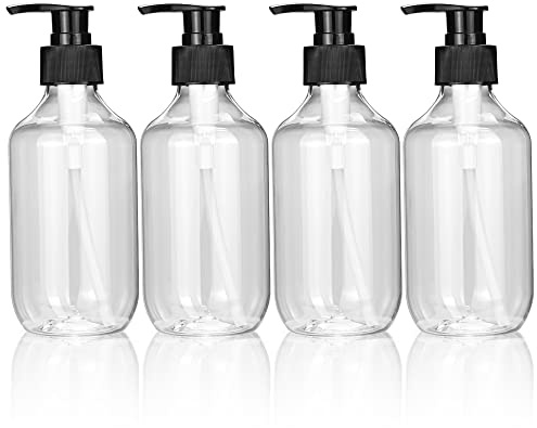4Pcs Empty Press Pump Bottles, 300ML Refillable Bottle for Cooking Sauces, Plastic Liquid Soap Dispenser Refillable Container for Essential Oils, Lotions, Shampoo, Conditioner