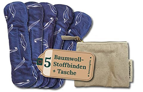 BewusstGrün® 5 Bio-Stoffbinden + Wet Bag & Pflegeanleitung I 100% Bio-Baumwolle I 3-lagiger Schutz und Komfort in der Periode, Waschbare Slipeinlagen