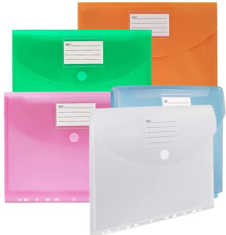 Dokumententasche A4,Taschen mit Klett-Verschluss，5 Farben A4 Sichttasche Dokumenten Sammelmappen Tasche mit 11 Lochrand und Etikettentasche für Organisieren von Dokumenten (Mehrfarbig（25Stück）)