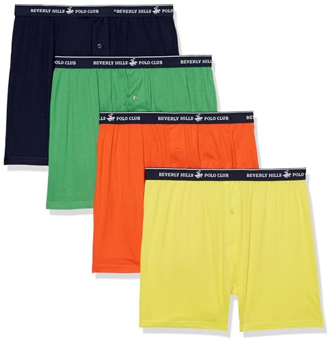 Beverly Hills Polo Club Men's Knit Boxer Shorts 4 Pack, Soft Cotton Blend Loose Fit Underwear with Covered Waistband, New Bright Yellow/Navy/Orange/Lime Green, Medium