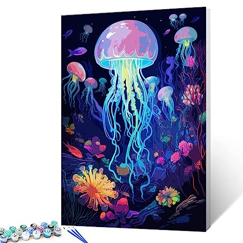 Malen nach Zahlen-Sets mit leuchtenden Quallen für Kinder und Erwachsene, Anfänger, Neon-Ozean-Landschaft, Leinwand, Ölgemälde mit Pinseln und Acryl, digitales Gemälde, Geschenk, moderne