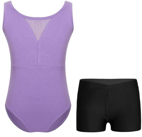 Freebily Body da Ginnastica Artistica Bambina Senza Maniche Balletto Leotards con Pantaloncini Sportivi Canotta Body da Danza Classica Moderna Ballerina Bodysuit Allenamento Viola 9-10 anni