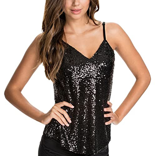 Tops Damen Glitzer Pailletten Tank Tops Spaghettiträger Oberteil Party Sparkle Shimmer Trägershirt Silvester Valentinstag Blusen Metallic Top Shirt Elegant Ärmellose Weste