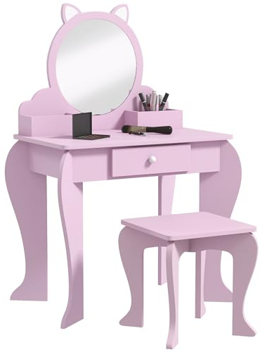 ZONEKIZ Coiffeuse pour Enfants, Coiffeuse pour Filles avec Miroir, Tabouret, tiroir, boîtes de Rangement, Motif Chat, pour Enfants de 3 à 6 Ans – Rose