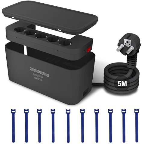Kabelbox mit Steckdosenleiste USB C Überspannungsschutz 5Fach Mehrfachsteckdose mit 3USB Ladeanschlüsse, Kabel Organizer Box Steckdosenadapter, 29.5 * 14 * 14CM, (5M Kabel, Schwarz)