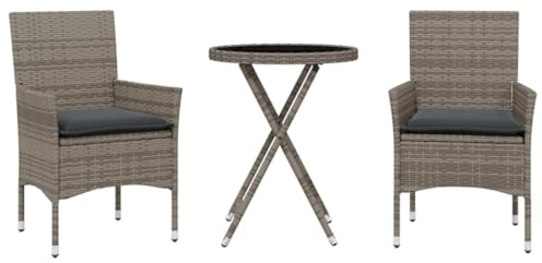 vidaXL Bistroset 3-TLG., Balkonset mit Kissen, Sitzgruppe für Garten Terrasse Balkon, Balkonmöbel Gartenmöbel Tisch 2 Stühle, Grau Poly Rattan Glas