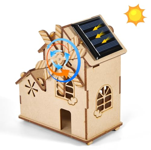 Rompecabezas de madera 3D con energía solar,juguete de construcción para armar con molino de viento, kit de manualidades científicas educativas STEM,Casa de Madera Hecha a Mano para niños de 8-14 años
