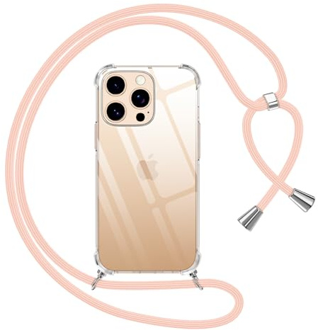 Pnakqil Cover per iPhone 16 Pro con Cordino, Trasparente Custodia con Laccio Tracolla Cellulare Girocollo Collana Protettiva per iPhone 16 Pro 6.3, Rosa