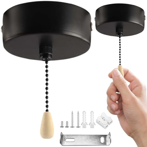 Interruptor de Cadena de Tracción 150 cm, 230V Cuerda de tracción interruptor de tirador con juego de cadenas, Interruptor de Cuerda para lámpara Accesorios de Baño, Metal Cilindros Redondos (Negro)